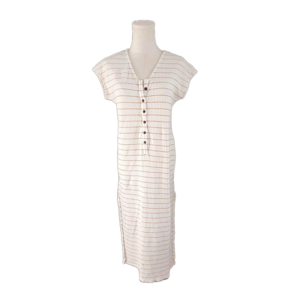 REEF Surf Women’s Striped Waffle Knit Beach Coverup Midi Henley Dress Sz Small